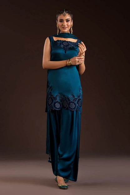 Glass Silk Partywear Suit with Velvet Details