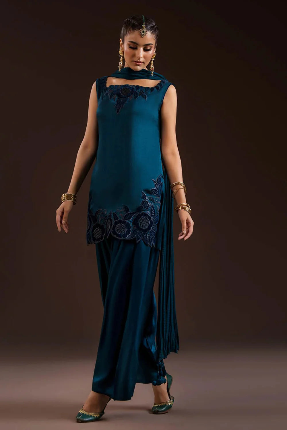 Glass Silk Partywear Suit with Velvet Details