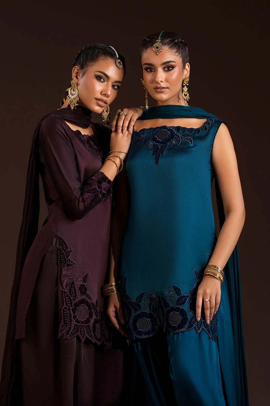 Glass Silk Partywear Suit with Velvet Details