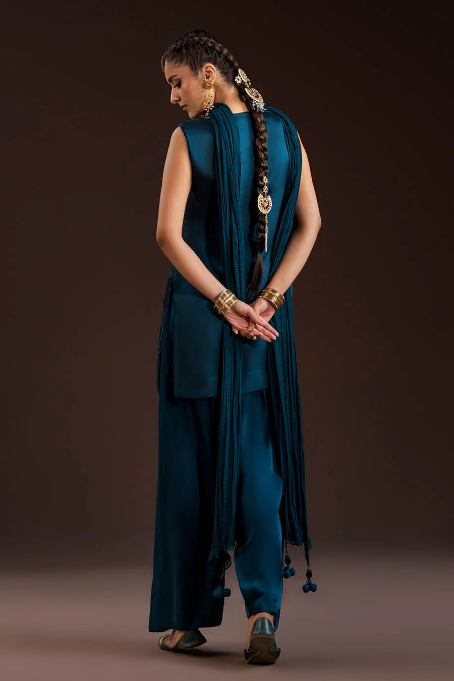 Glass Silk Partywear Suit with Velvet Details