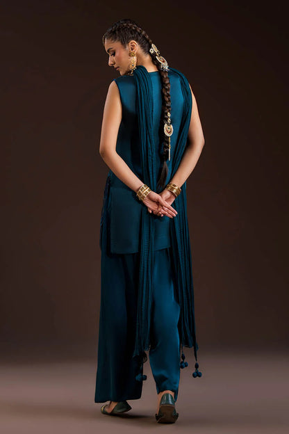 Glass Silk Partywear Suit with Velvet Details