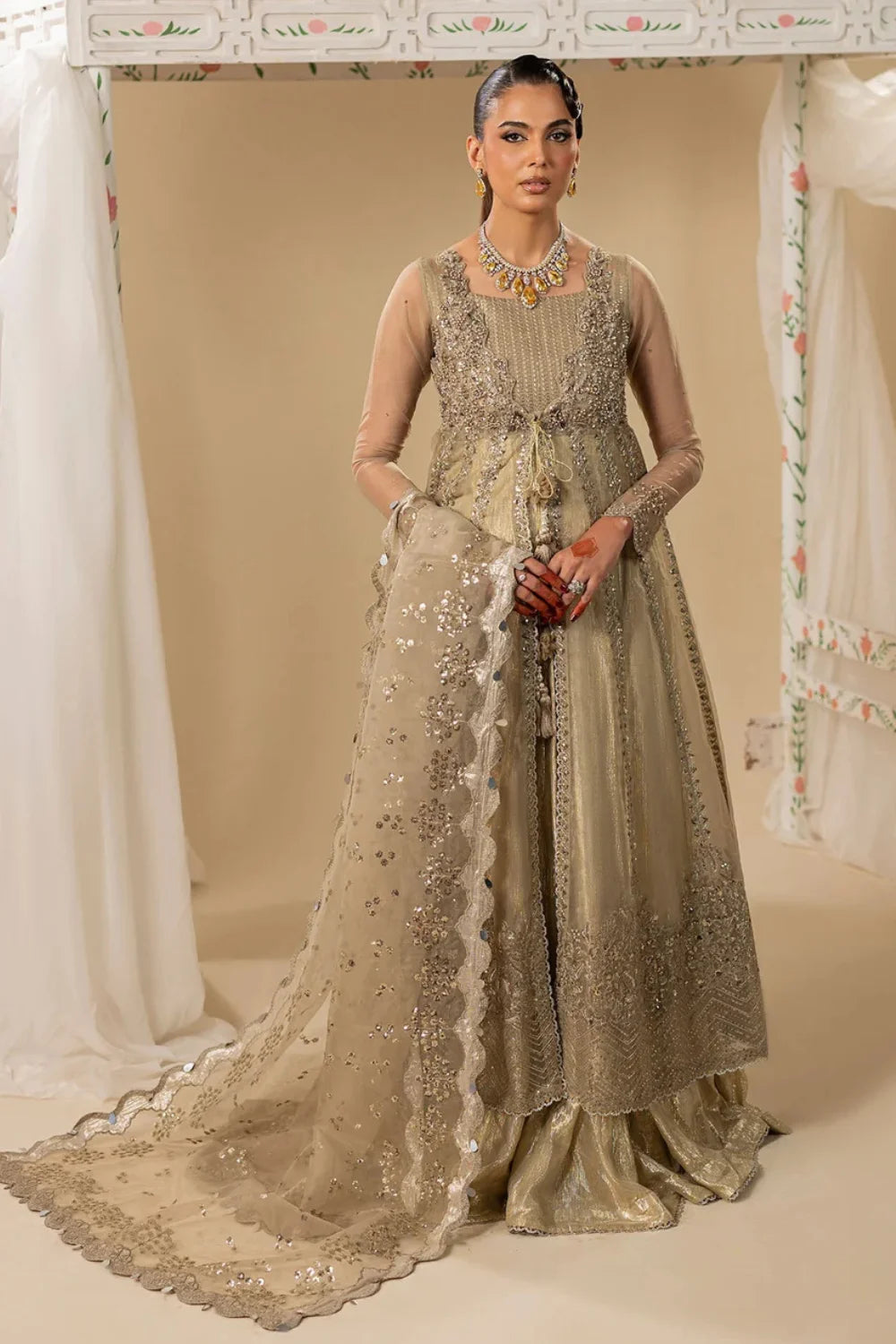 Gold Hand Embellished Organza Maxi