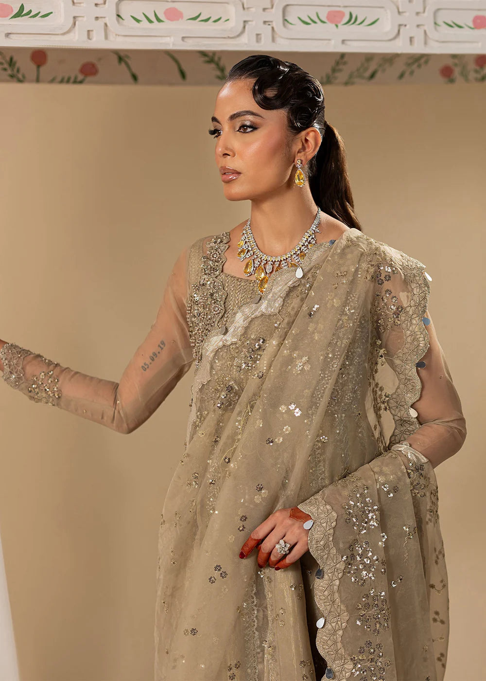 Gold Hand Embellished Organza Maxi