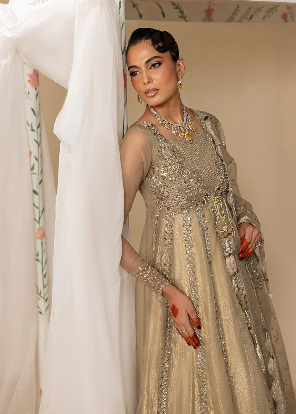 Gold Hand Embellished Organza Maxi