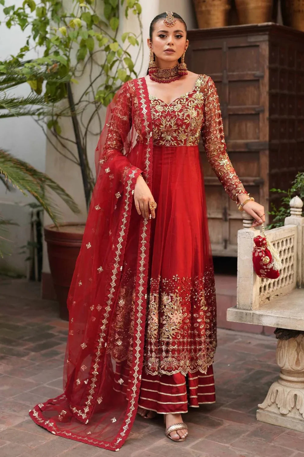Red Embellished Anarkali Maxi