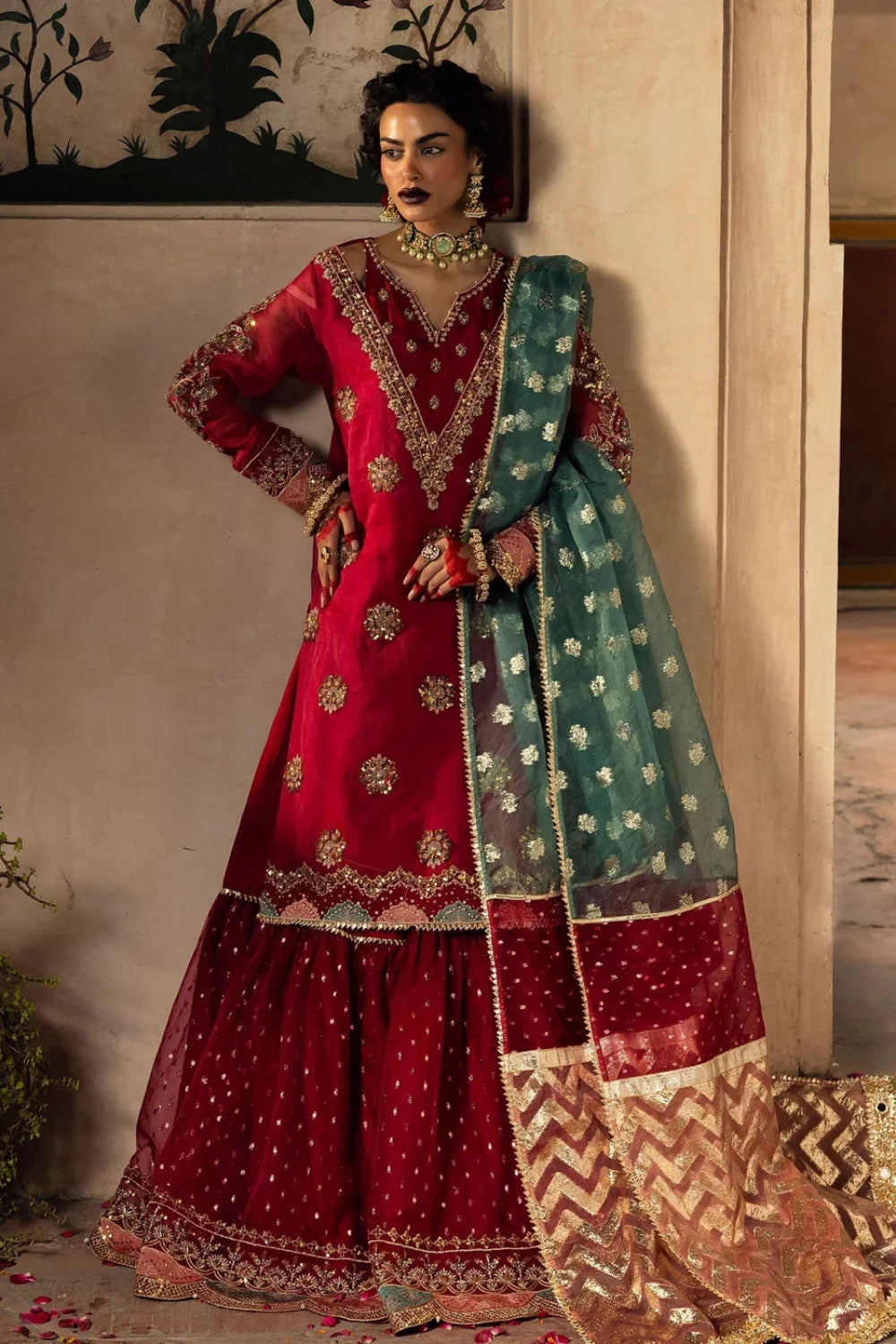Burgundy Embellished Organza Gharara
