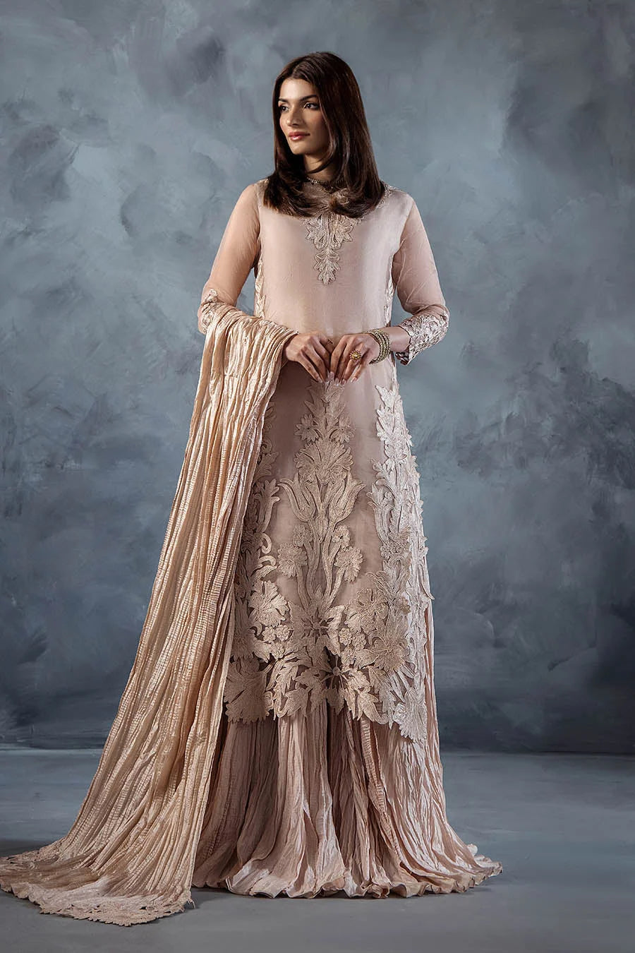 Hand Embroidered Pastel Pink Crushed Sharara