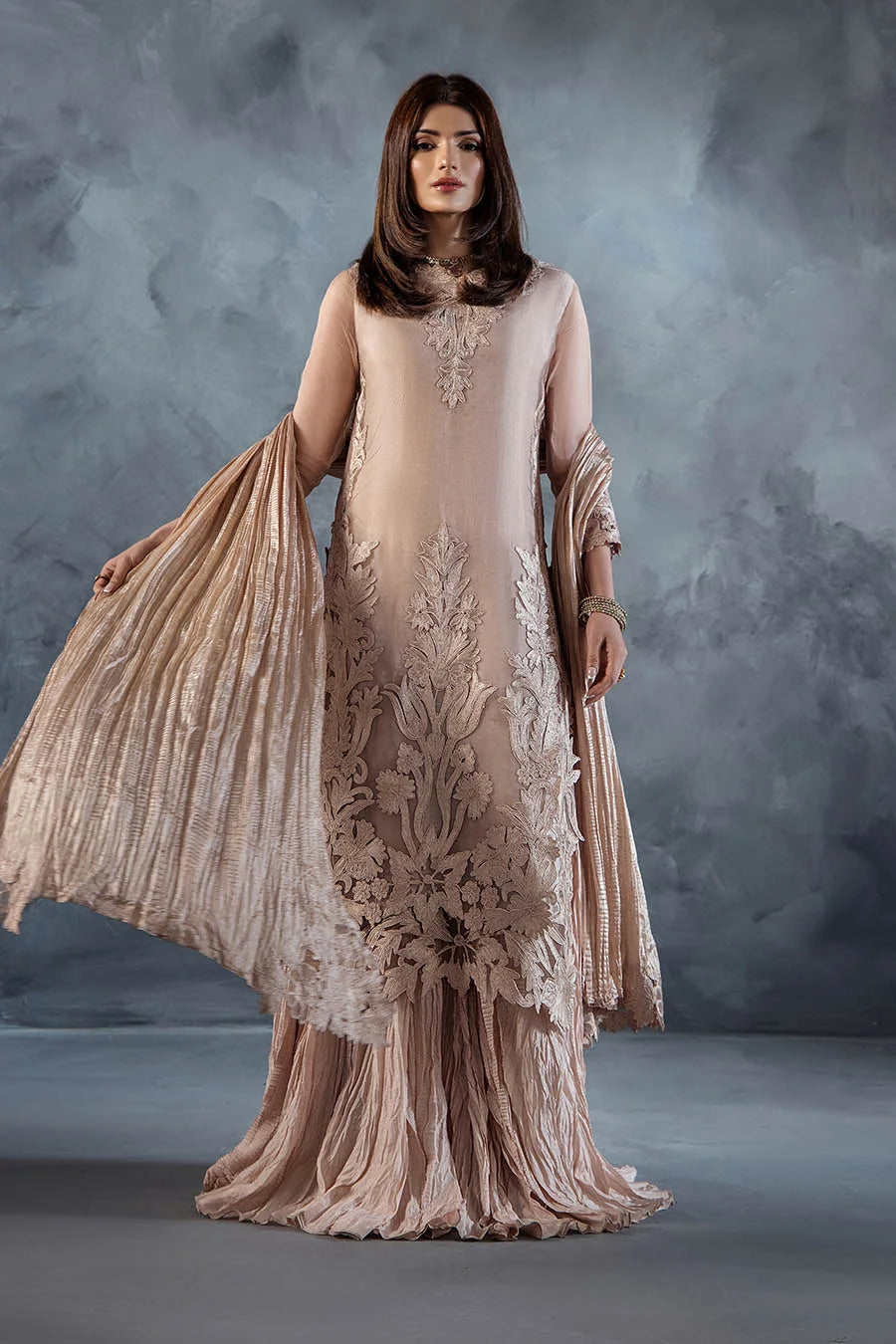 Hand Embroidered Pastel Pink Crushed Sharara