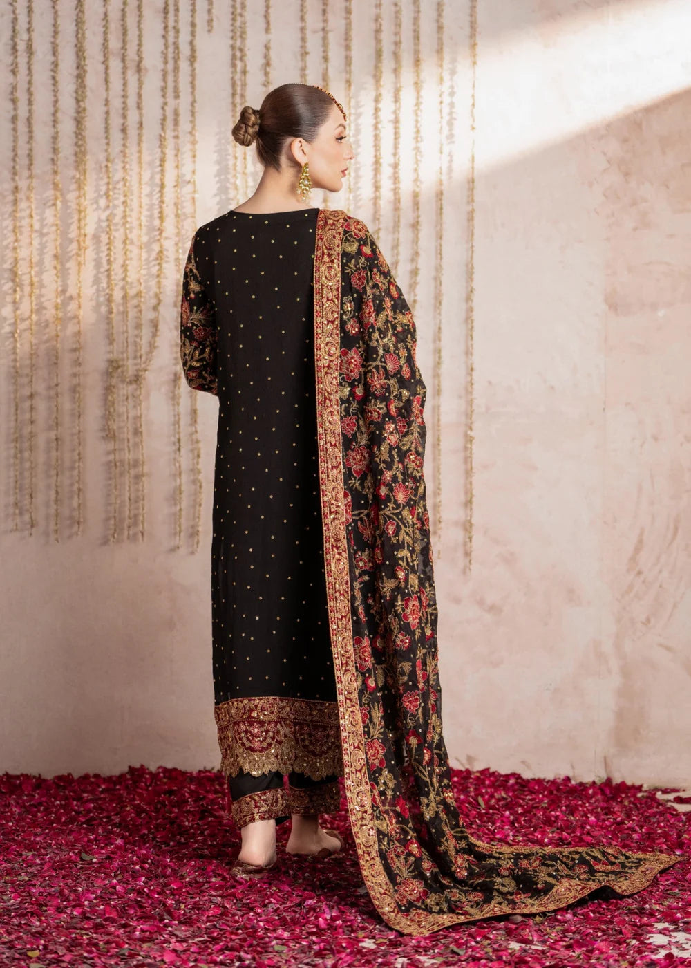 Heavy Floral Embroidered Black Chiffon Suit