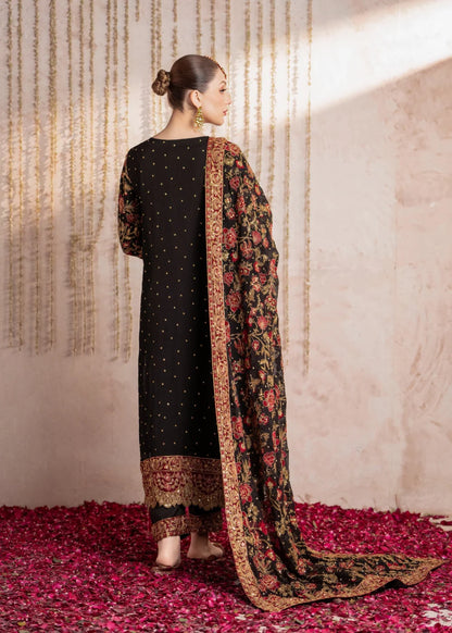 Heavy Floral Embroidered Black Chiffon Suit
