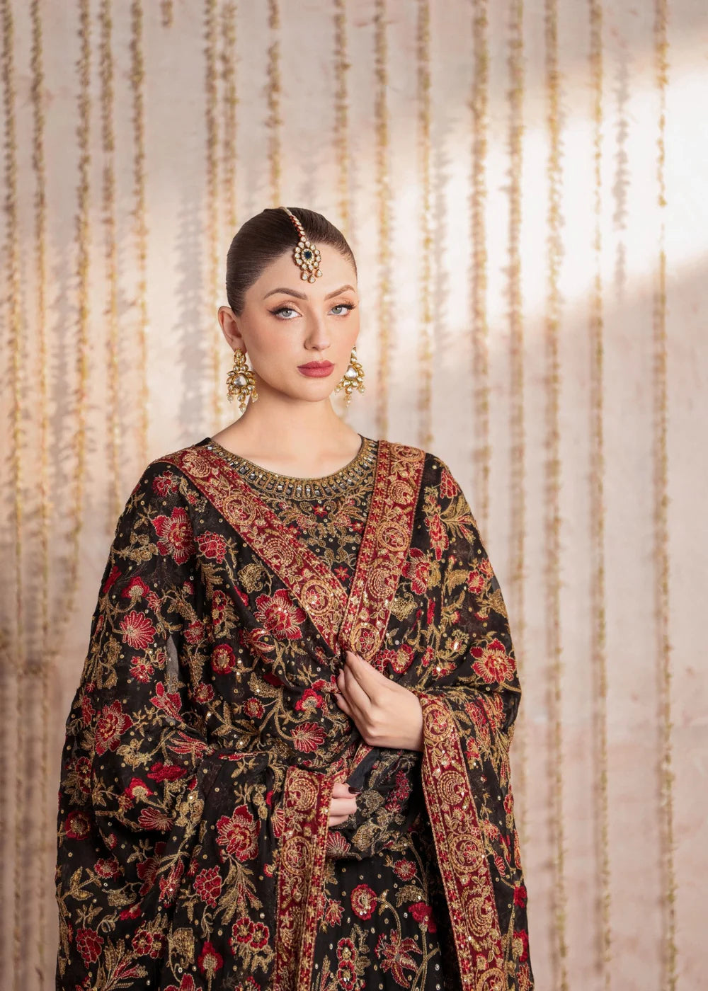 Heavy Floral Embroidered Black Chiffon Suit