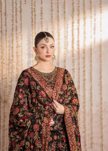 Heavy Floral Embroidered Black Chiffon Suit