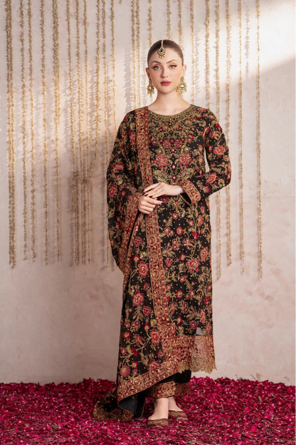 Heavy Floral Embroidered Black Chiffon Suit