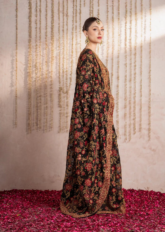 Heavy Floral Embroidered Black Chiffon Suit