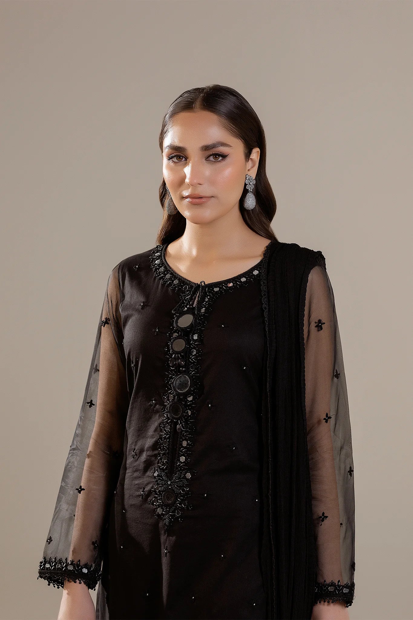 Hand Embroidered Black Pure Cotton Suit with Embellishments