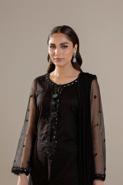 Hand Embroidered Black Pure Cotton Suit with Embellishments
