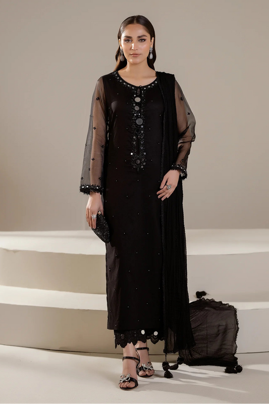 Hand Embroidered Black Pure Cotton Suit with Embellishments