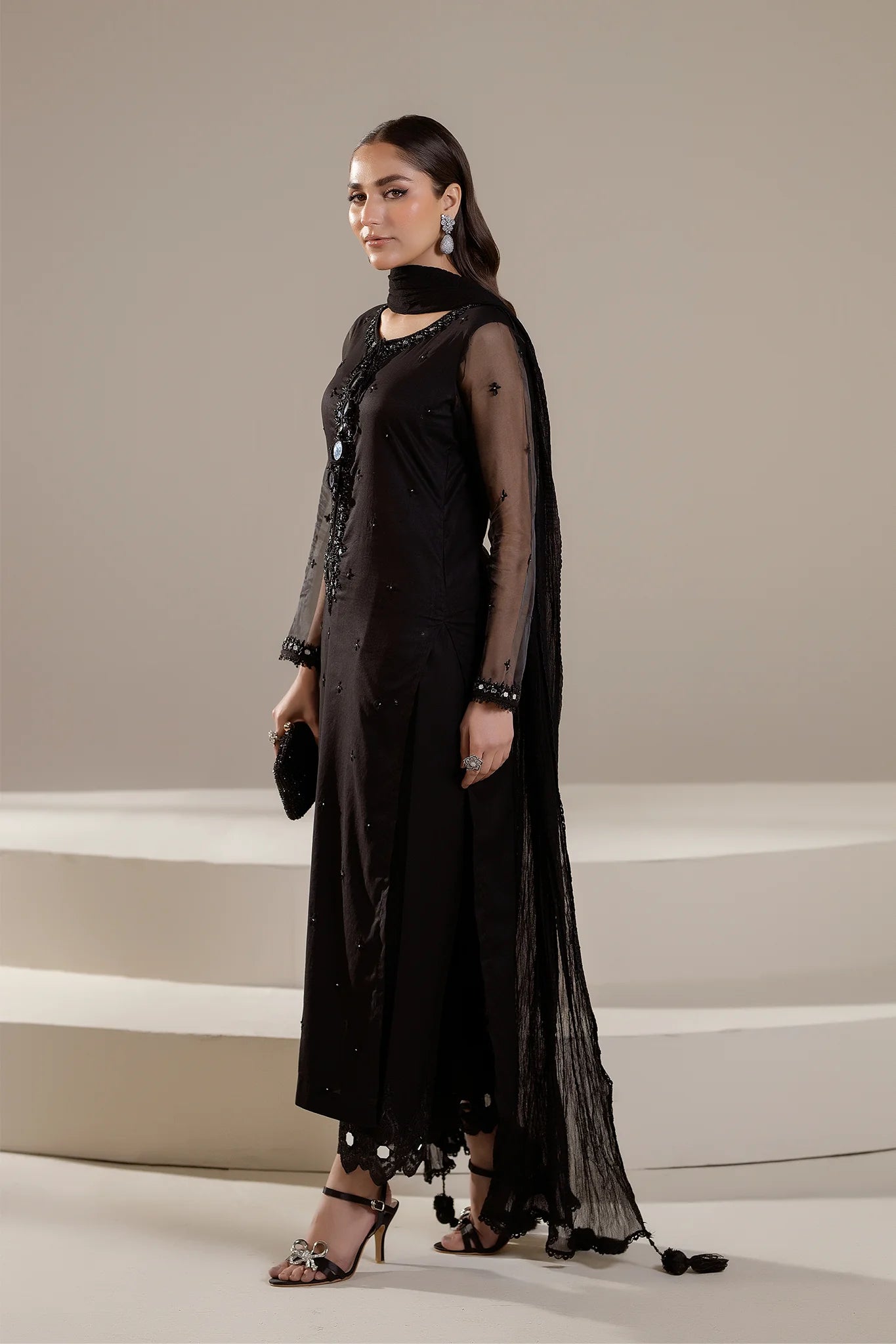 Hand Embroidered Black Pure Cotton Suit with Embellishments