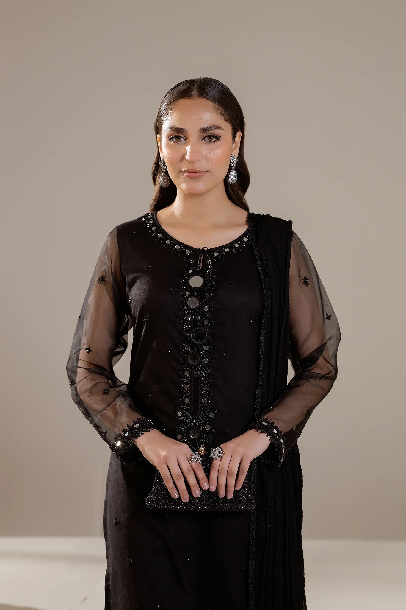 Hand Embroidered Black Pure Cotton Suit with Embellishments