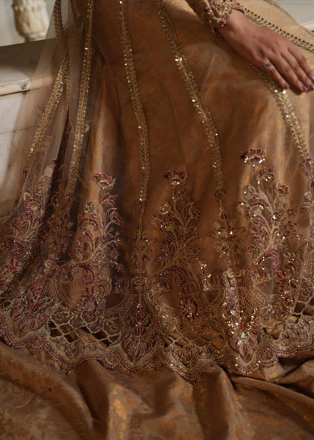 Beige Embellished Maxi with Jamawar Trail Lehenga