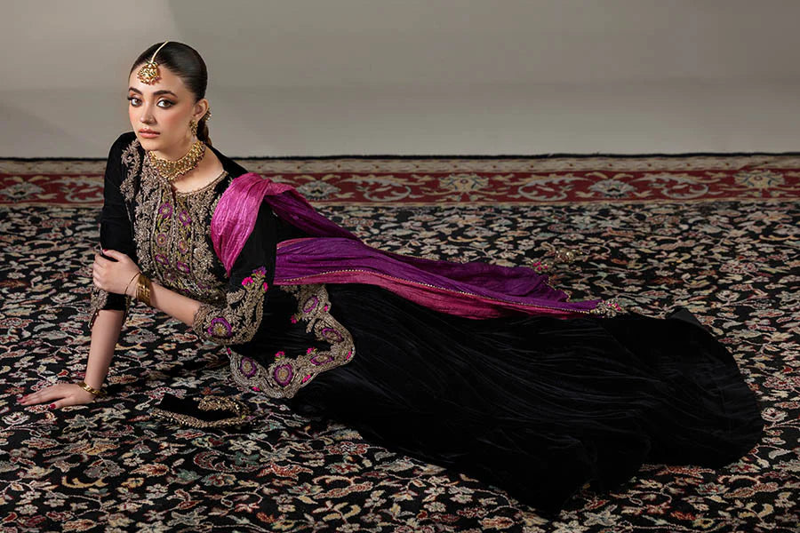Hand Embroidered Black Velvet Sharara with 3D Work