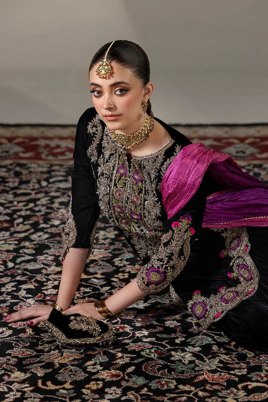 Hand Embroidered Black Velvet Sharara with 3D Work