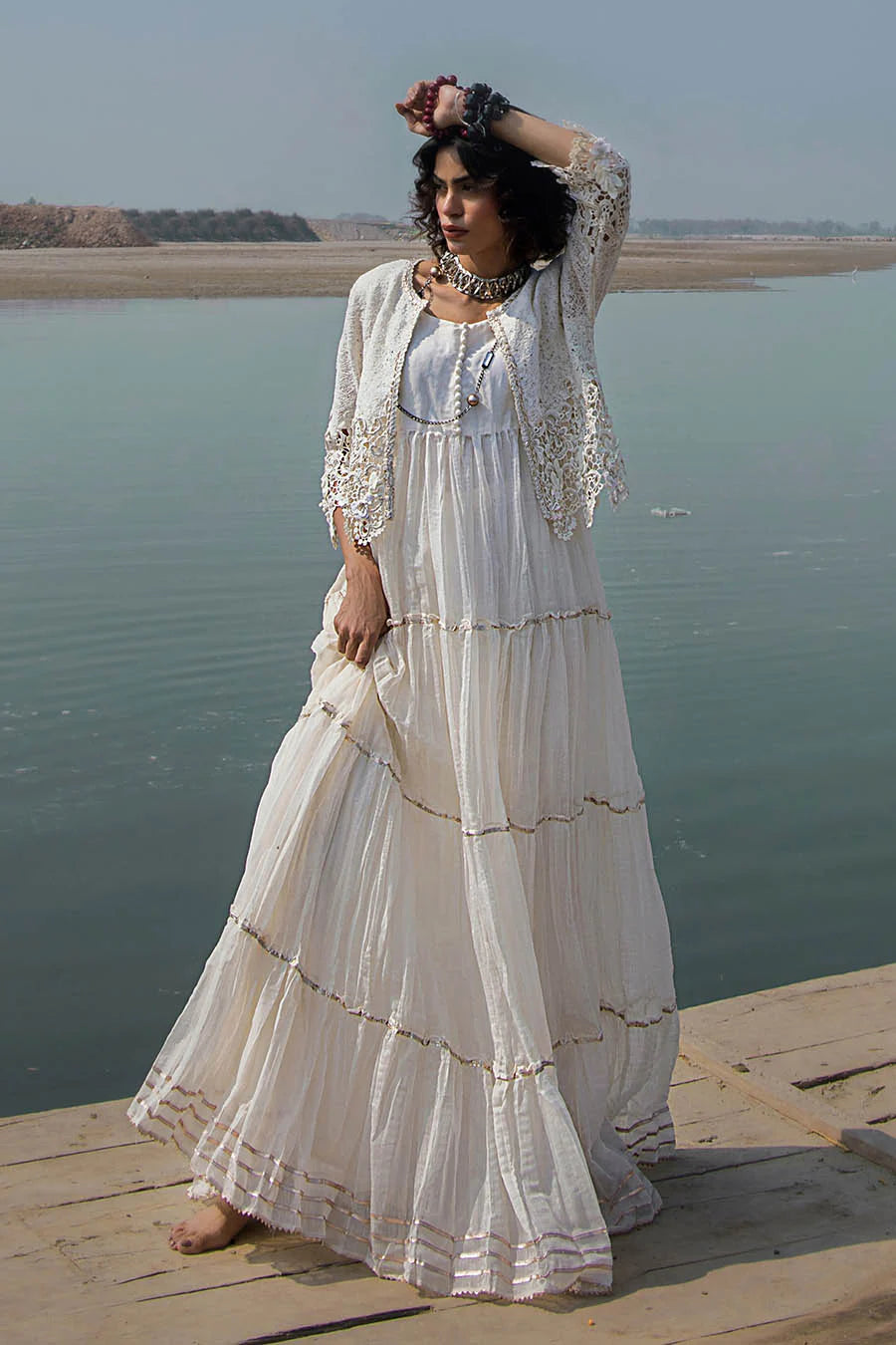 White Crocheted Maxi with 3D & Gota Work