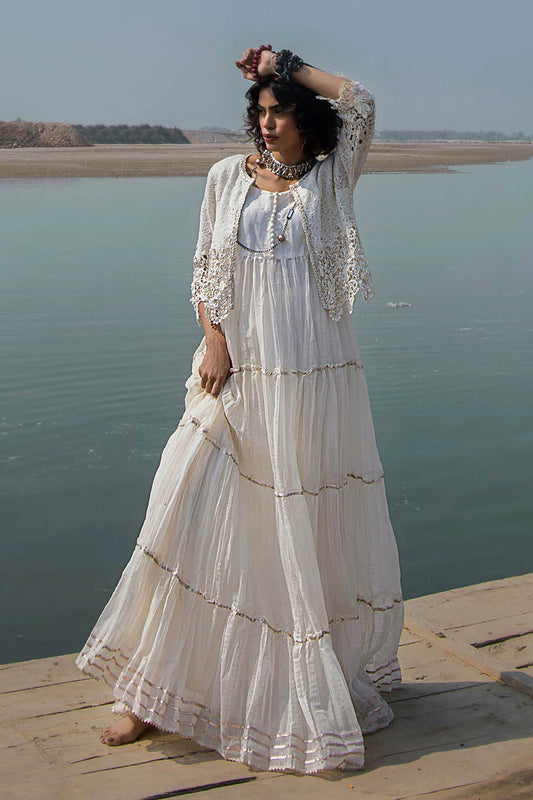 White Crocheted Maxi with 3D & Gota Work