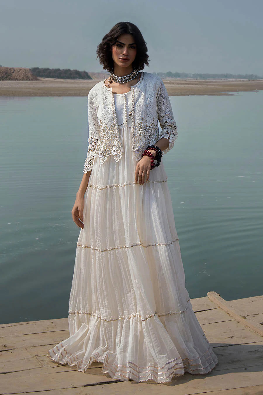 White Crocheted Maxi with 3D & Gota Work