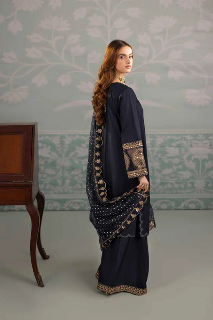 Navy Blue Raw Silk Suit with Hand Embellished Neckline
