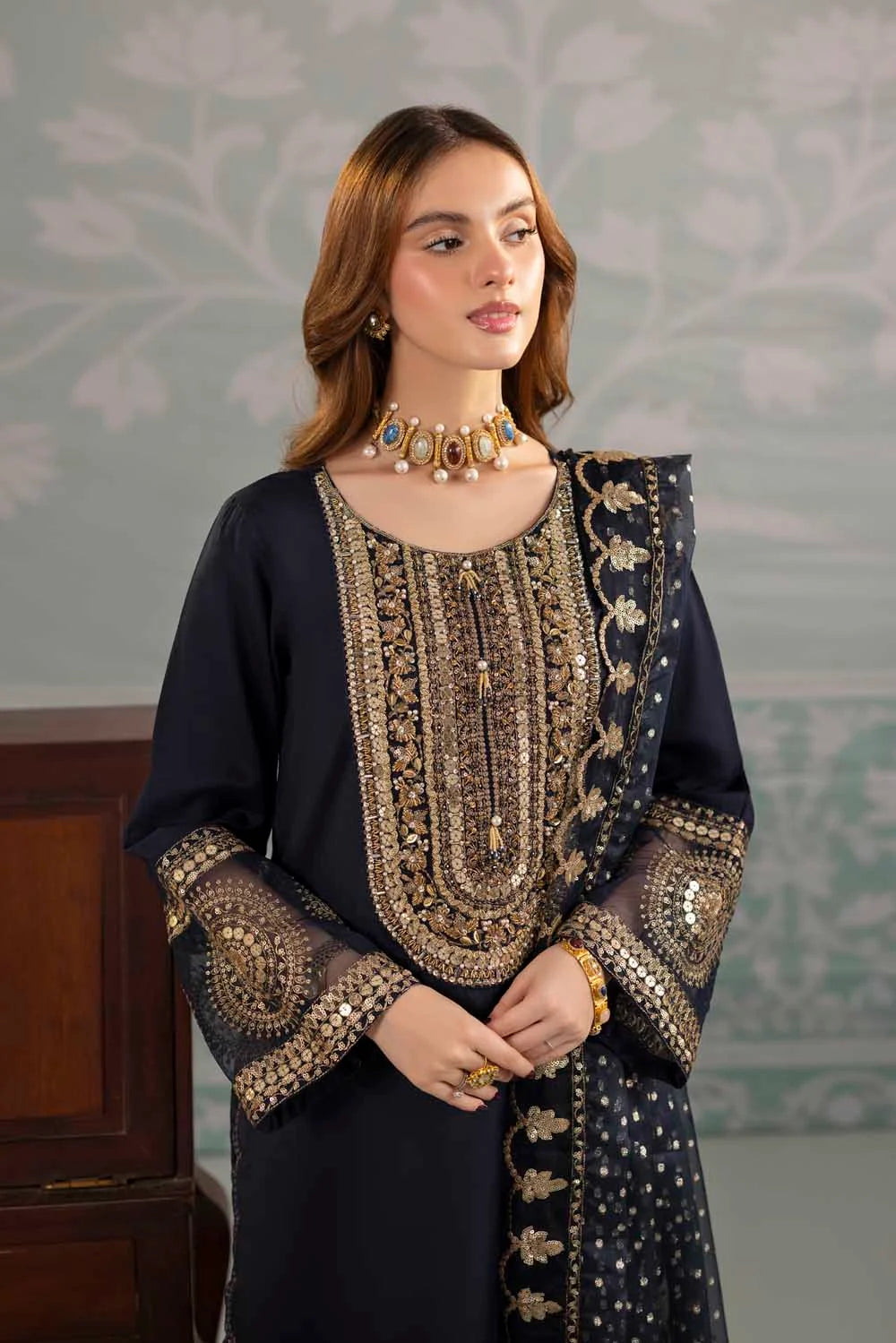 Navy Blue Raw Silk Suit with Hand Embellished Neckline