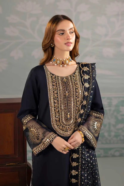 Navy Blue Raw Silk Suit with Hand Embellished Neckline