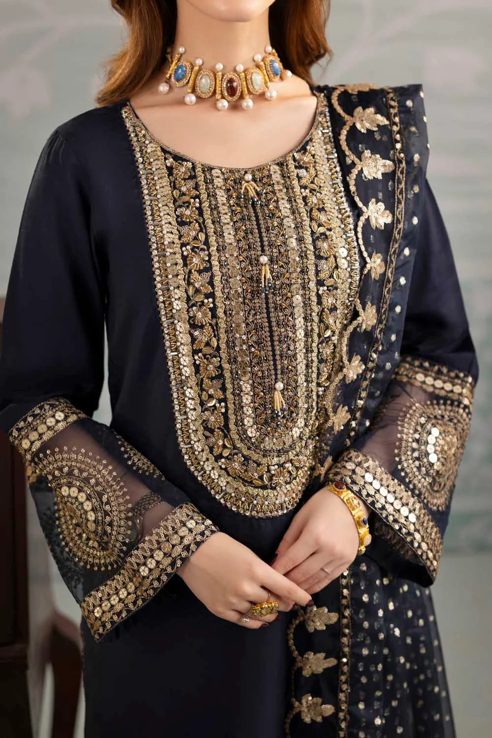 Navy Blue Raw Silk Suit with Hand Embellished Neckline