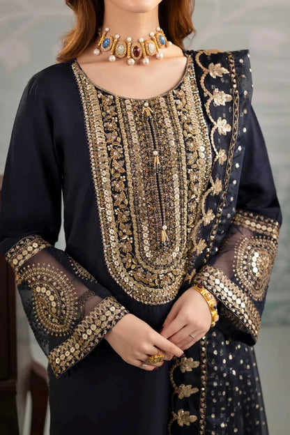 Navy Blue Raw Silk Suit with Hand Embellished Neckline