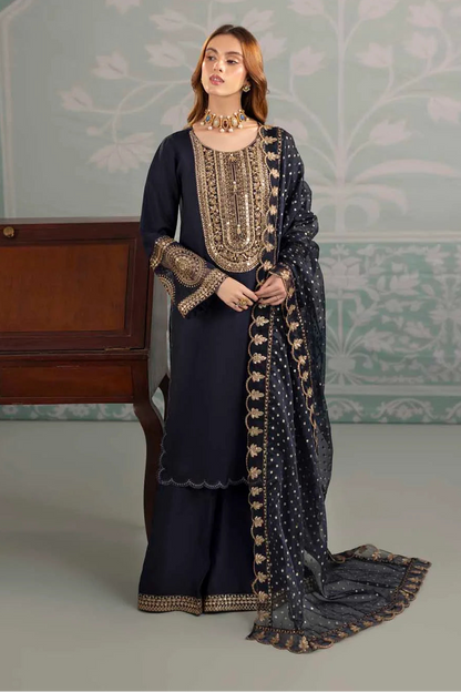 Navy Blue Raw Silk Suit with Hand Embellished Neckline