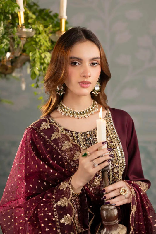 Maroon Raw Silk Suit with Hand Embellished Neckline Size L