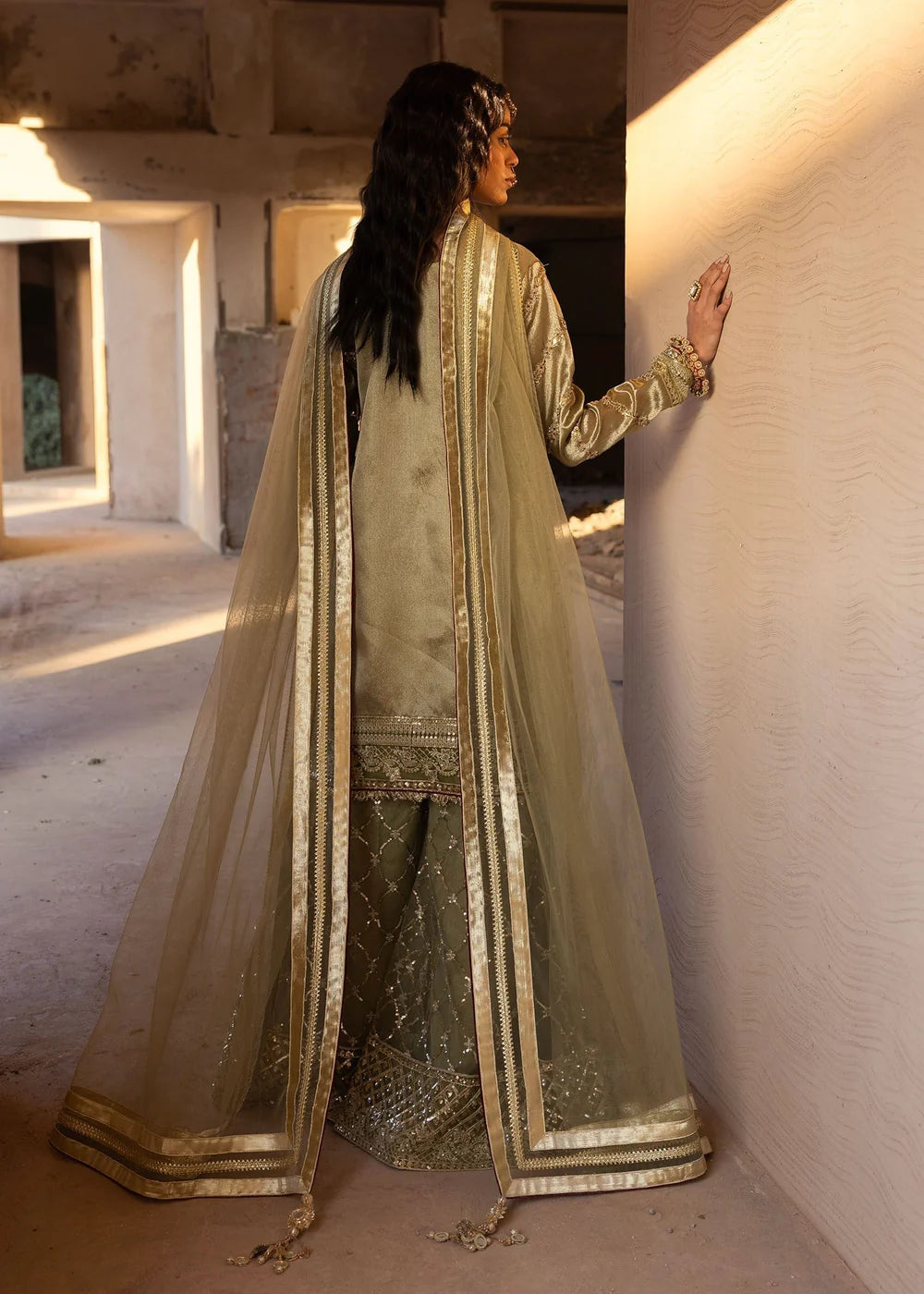 Olive Green Embellished Tissue Sharara