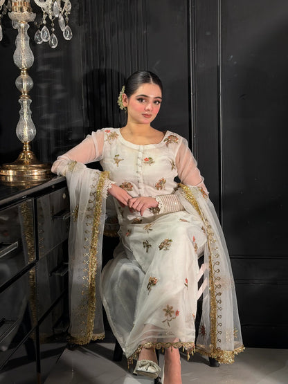 Hand Embroidered White Partywear Suit