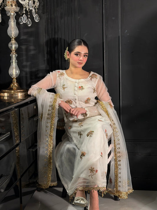 Hand Embroidered White Partywear Suit