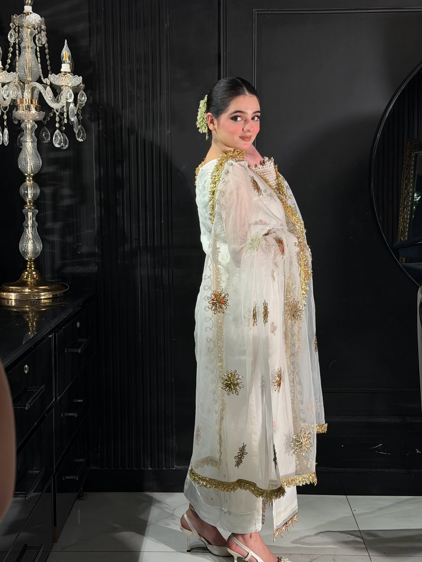 Hand Embroidered White Partywear Suit