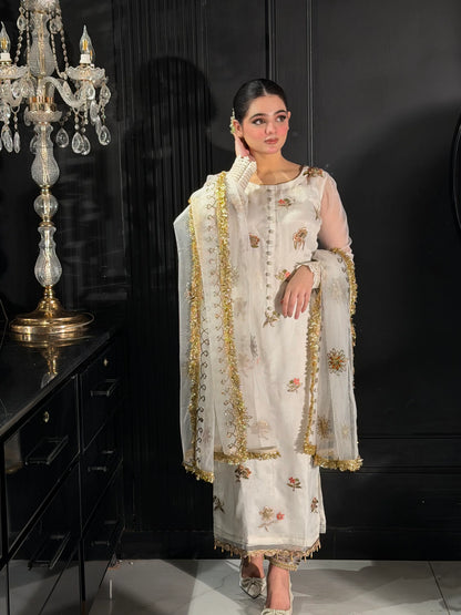 Hand Embroidered White Partywear Suit
