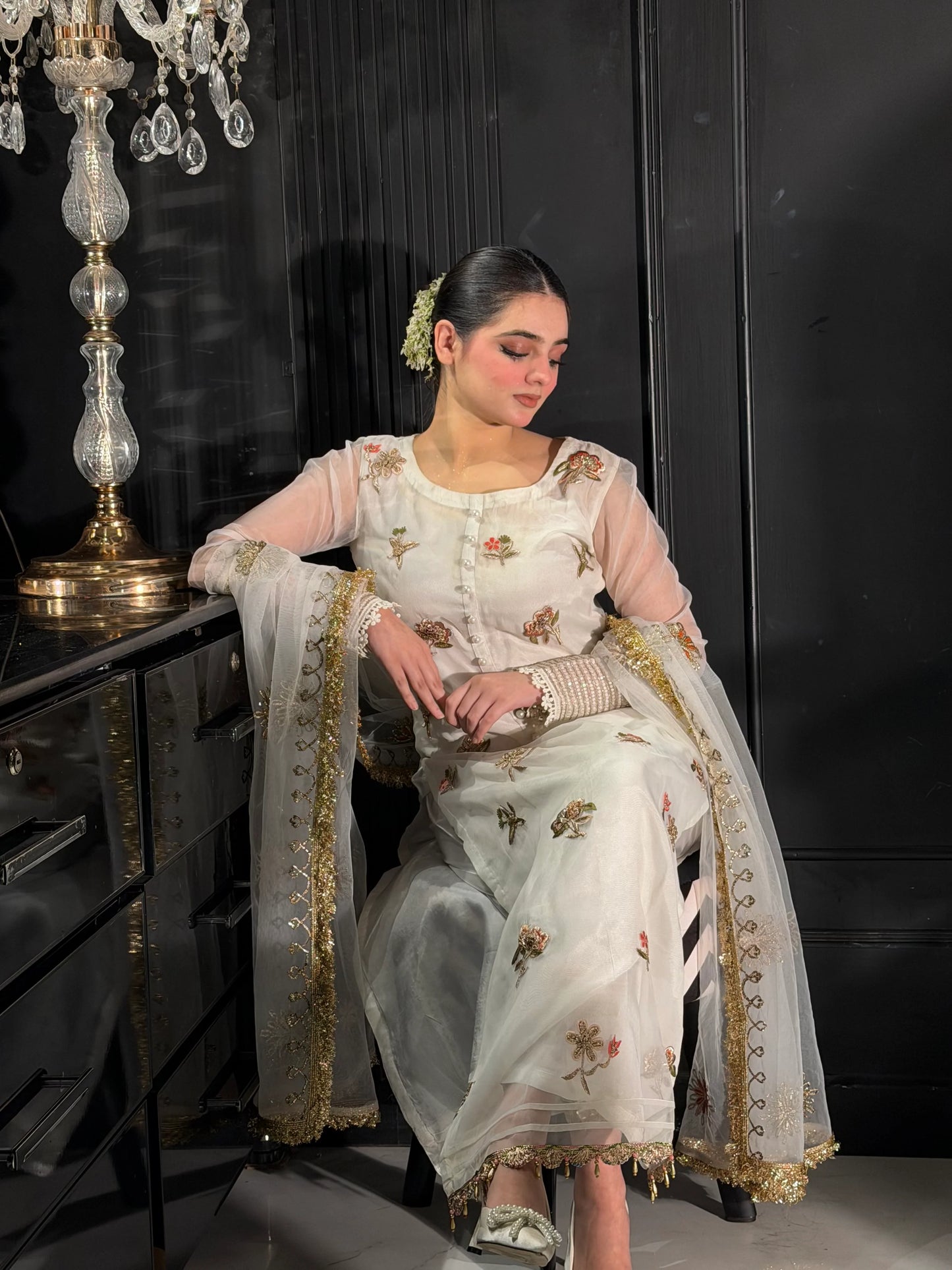 Hand Embroidered White Partywear Suit