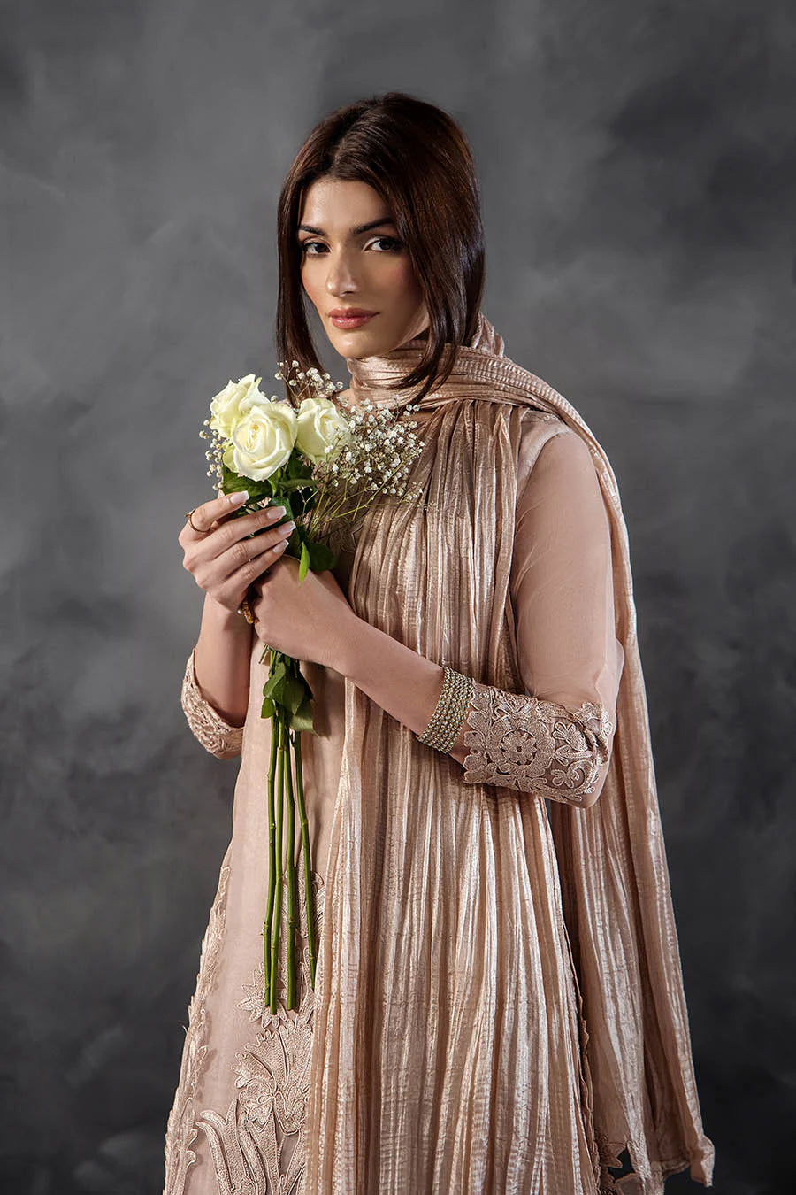 Hand Embroidered Pastel Pink Crushed Sharara