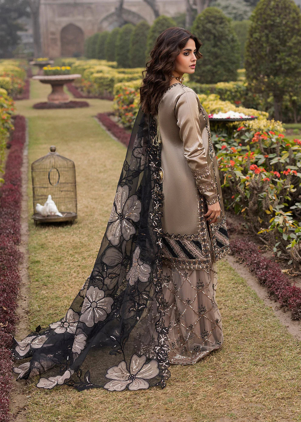 Mocha Brown Embellished Wide-Legged Sharara