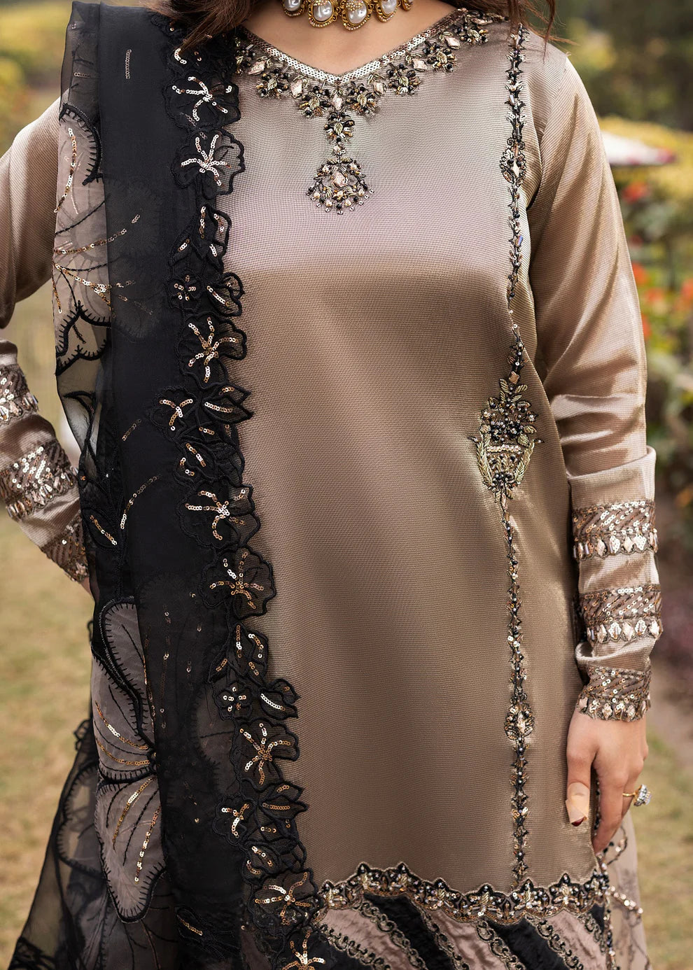 Mocha Brown Embellished Wide-Legged Sharara