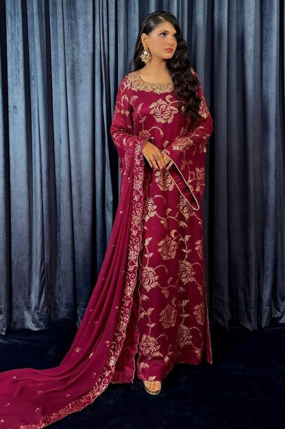 Maroon Chiffon Sequins Embroidered Partywear Suit with Hand Embellished Neckline