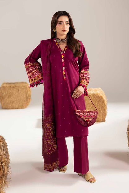 Maroon Embroidered Cotton Suit with Potli