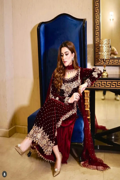 Handmade Maroon Pure Velvet Designer Suit