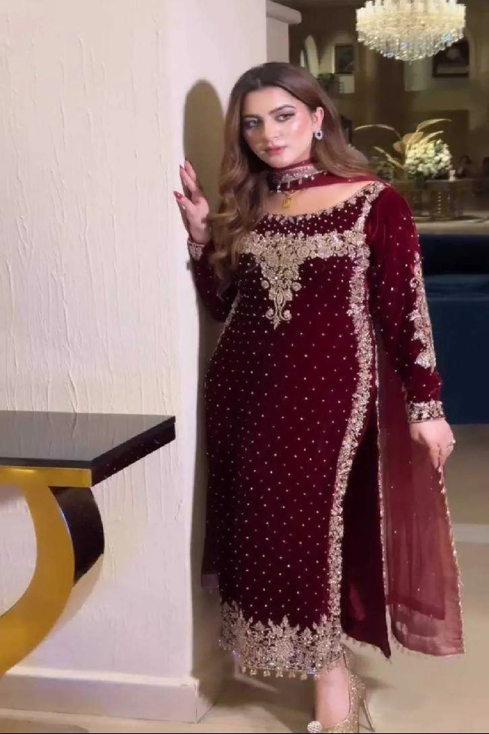 Handmade Maroon Pure Velvet Designer Suit