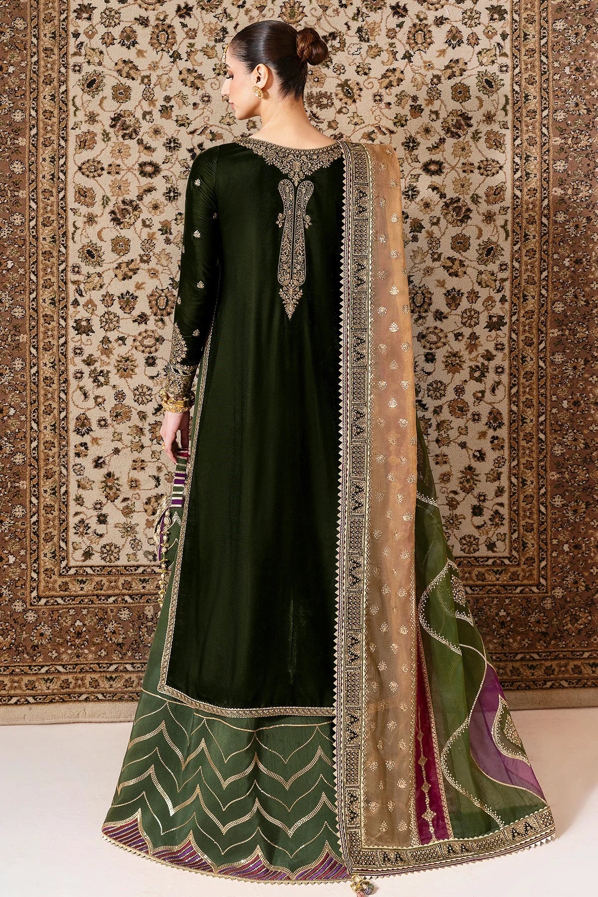 Mehendi Green Sequins Embroidered Velvet Suit with Contrasting Dupatta